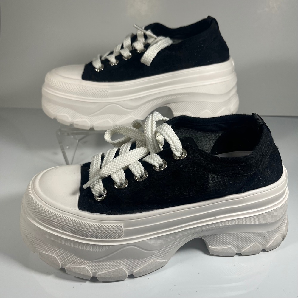 Womens‎ Black White Platform Sneakers Chunky Sole Lace Up Fashion Shoes